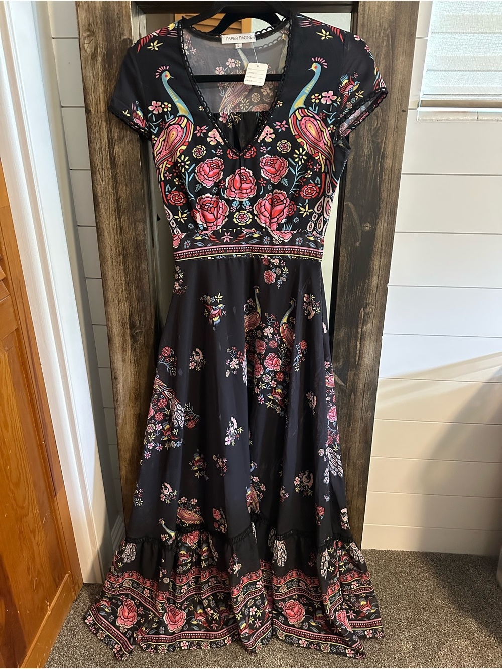 Paper Racine Black Floral Peacock Midi Dress Boho V Neck Short Sleeve Size S